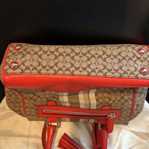 Vintage. Authentic. Leather and Canvas Orange Coach Satchel with Silver Details. - Picture 7 of 10